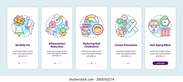 Intermittent fasting benefits onboarding mobile app page screen with concepts. Healthy diet walkthrough 5 steps graphic instructions. UI vector template with RGB color illustrations