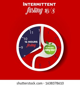 Intermittent fasting clock 16/8 for weight loss and health. Clock with stomach silhouette and apple inside as a eating time concept