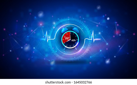 Reloj de ayuno intermitente dentro de la línea abstracta del latido cardíaco como concepto de atención médica en un fondo científico azul abstracto