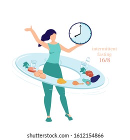 Intermittent Fasting concept 16/8. The woman twists a hoop - plate with food and drinks  symbolizing the principle of Intermittent fasting it is give health and weight loss. Time-restricted eating. 