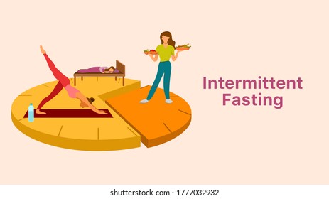 Intermittent fasting concept. 8 hours of eating period and 16 hours of fasting period. A woman doing yoga, having meal and sleeping on divided clock. Vector illustration, flat design