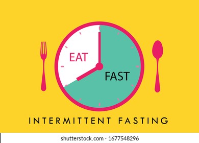 Intermittent fasting concept, clock with eating and fasting hours. Intermittent Fasting often use for loosing weight or to control diabetes.