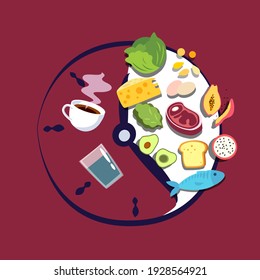 Intermittent fasting concept. Clock hands limit time of eating healthy food consumption Diet to Lose weight method standing by interval nutrition discipline Biohacking element Flat vector illustration