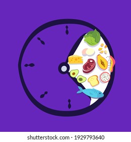 Intermittent fasting concept. Clock hands limit time of eating healthy food consumption Diet to Lose weight method standing by interval nutrition discipline Biohacking element Flat vector illustration