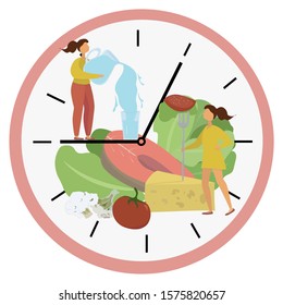 Intermittent fasting concept. Dial divided into periods of the food window and water. Girl with healthy food. Method of losing weight and accelerating metabolism. Vector flat illustration.