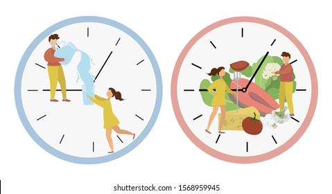 Intermittent fasting concept. Dial with people pouring water and eating food. Scheme 8/16. Food window. Weight loss method. Vector flat illustration isolated on white background.