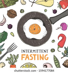 Intermittent fasting concept. Frying pan with egg clock showing healthy fast eating window surrounded with fruits and veggies. Health longevity, weight loss. Hand drawn vector illustration 