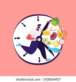 Intermittent fasting concept. Man Run in Clock waiting for time to eat healthy food. Boy trying to lose weight standing by interval nutrition discipline. Biohacking element. Flat vector illustration
