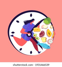 Intermittent fasting concept. Man Run in Clock waiting for time to eat healthy food. Boy trying to lose weight standing by interval nutrition discipline. Biohacking element. Flat vector illustration