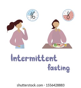 Intermittent fasting concept. Method of losing weight and recovery. Scheme 8/16, eight-hour food window. Girl drinks water for sixteen hours, eat healthy food for eight hours. Vector flat illustration