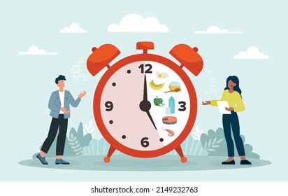 Intermittent Fasting Concept. Modern Diet, Carb Filling Window. Healthy Food, Vitamins And Vegetarianism. Burn Fat And Lose Weight. Man And Woman With Clock. Cartoon Flat Vector Illustration