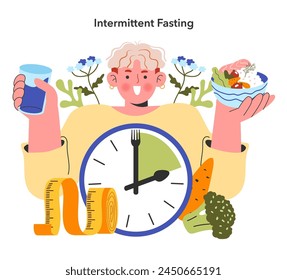 Intermittent Fasting concept. A person incorporating time-restricted eating with a focus on health and well-being. Nutrition control, weight management. Vector illustration.