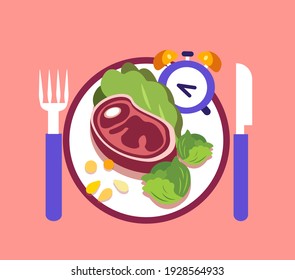 Intermittent fasting concept. Plate dish full with helathy food and clock limit food consumption Diet to Lose weight standing interval nutrition discipline Biohacking element Flat vector illustration