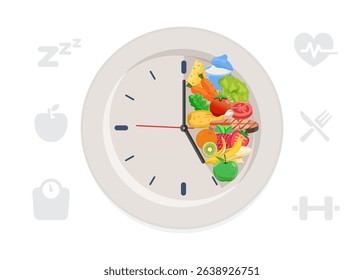 Intermittent fasting.The concept of proper nutrition, fasting and diet.Diet plan, fitness and sports activities.Vector illustration.