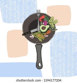 Intermittent fasting concept. Time plate divided by fork and knife according to 16 8 scheme. Veggies on frying pan. Modern approach to health longevity, weight loss. Hand drawn vector illustration 