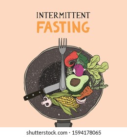 Intermittent fasting concept. Time plate divided by fork and knife according to 16 8 scheme. Modern approach to health longevity, weight loss. Hand drawn vector illustration with lettering