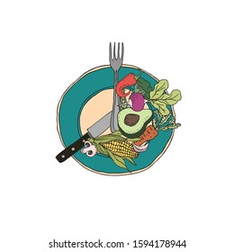 Intermittent fasting concept. Time plate divided by fork, knife and veggies according to 16 8 scheme. Modern approach to health longevity, weight loss. Hand drawn vector illustration with lettering