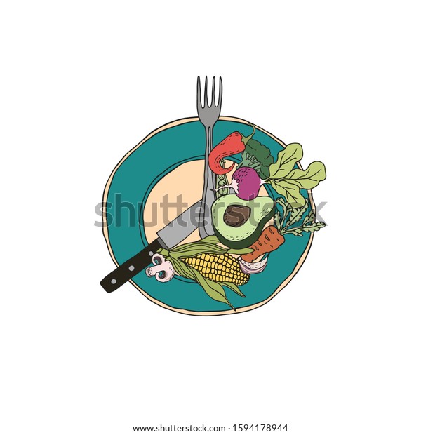 Intermittent fasting concept. Time plate\
divided by fork, knife and veggies according to 16 8 scheme. Modern\
approach to health longevity, weight loss. Hand drawn vector\
illustration with\
lettering