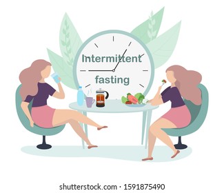 Intermittent fasting concept. Two girls sitting at the table drinking water and eating healthy food. Huge clock. Space for text. Vector flat illustration.