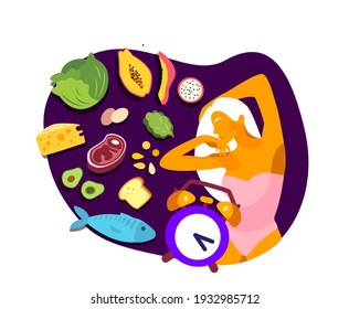Intermittent fasting concept. Young athletic healthy girl in harmony with meal and nutrient-enriched food eating Lose weight, interval nutrition fitness discipline. Biohacking Flat vector illustration