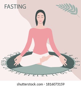 Intermittent fasting - dial, girl sitting in asana pose - vector. Diet concept. Yoga