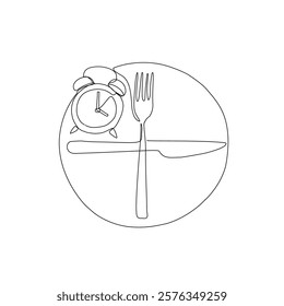 Intermittent fasting diet concept. Continuous line drawing of fork, knife and plate with alarm clock. Vector illustration of a fashionable trend in a healthy lifestyle.