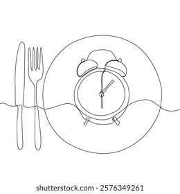 Intermittent fasting diet concept. Continuous line drawing of fork, knife and plate with alarm clock. Vector illustration of a fashionable trend in a healthy lifestyle.