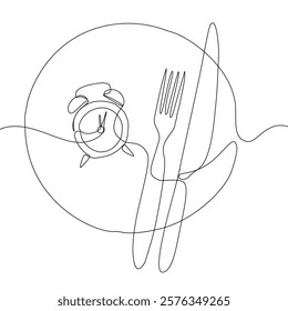 Intermittent fasting diet concept. Continuous line drawing of fork, knife and plate with alarm clock. Vector illustration of a fashionable trend in a healthy lifestyle.
