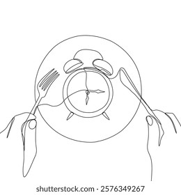 Intermittent fasting diet concept. Continuous line drawing of fork, knife and plate with alarm clock. Vector illustration of a fashionable trend in a healthy lifestyle.