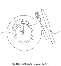 Intermittent fasting diet concept. Continuous line drawing of fork, knife and plate with alarm clock. Vector illustration of a fashionable trend in a healthy lifestyle.