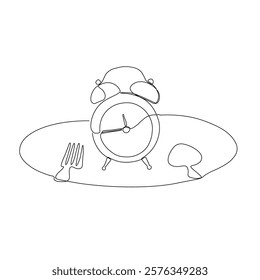 Intermittent fasting diet concept. Continuous line drawing of fork, knife and plate with alarm clock. Vector illustration of a fashionable trend in a healthy lifestyle.