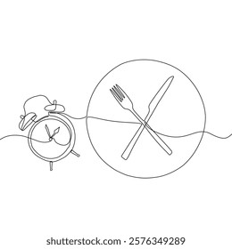 Intermittent fasting diet concept. Continuous line drawing of fork, knife and plate with alarm clock. Vector illustration of a fashionable trend in a healthy lifestyle.