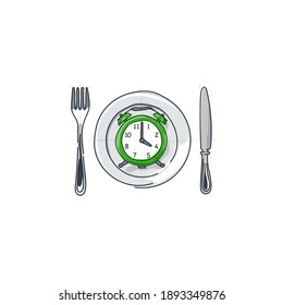 Intermittent fasting diet concept. Line drawing of fork, knife and plate with alarm clock. Vector illustration of a fashionable trend in a healthy lifestyle.
