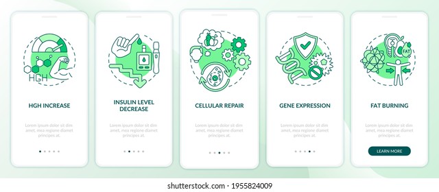 Intermittent fasting health effects green onboarding mobile app page screen with concept. HGH increase. Health walkthrough 5 steps graphic instructions. UI vector template with RGB color illustrations