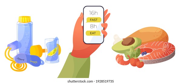 Intermittent fasting. Human arm with phone and healty life style application. 8 hours of eating period and 16 hours of fasting period. Modern and healthy method for weight loss and positive effect. 