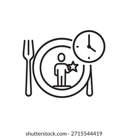 Intermittent fasting icon black and white vector healthy diet and nutrition schedule with plate clock fork knife and person focus on eating habits