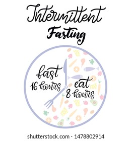 Intermittent Fasting inscription with icon of clock with knife and fork. Weight loss, diet and healthy eating theme banner. Handwritten lettering in modern calligraphy flat style. 