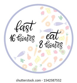 Intermittent Fasting inscription with icon of clock like plate with knife and fork. Weight loss and healthy eating theme banner. Handwritten lettering Vector illustration eps10.