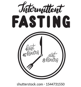 Intermittent Fasting inscription with icon of clock like plate with knife and fork. Weight loss and healthy eating theme banner. Vector illustration eps10
