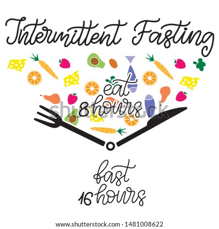 Intermittent Fasting inscription with knife and fork. Weight loss and healthy eating theme banner. Handwritten lettering in modern calligraphy style. Vector Illustration EPS10