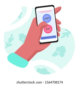  Intermittent fasting.  Internet application eat and fasting concept. Modern and healthy method for weight loss and positive effect. Human arm with phone and healty life style application.