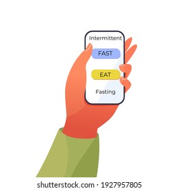 Ayuno intermitente. Aplicación de Internet concepto de comida y ayuno. Método moderno y saludable para la pérdida de peso y efecto positivo. Brazo humano con aplicación de estilo de vida de teléfono y salud. Vector 