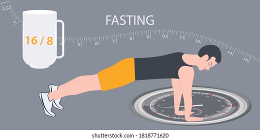 Intermittent fasting - a man doing a handstand, watch, mug, 16 and 8 - vector. Diet concept