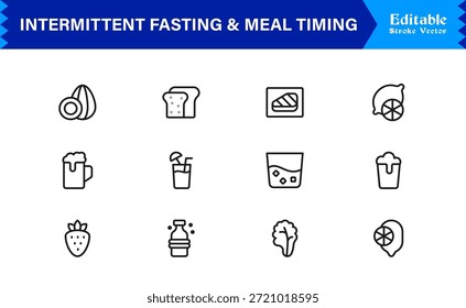 Ayuno intermitente y sincronización de comidas: conjunto de iconos de línea Premium con diseño minimalista moderno y símbolos de Vector editables