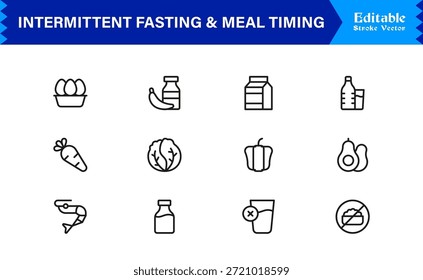 Ayuno intermitente y sincronización de comidas: conjunto de iconos de línea Premium con diseño minimalista moderno y símbolos de Vector editables