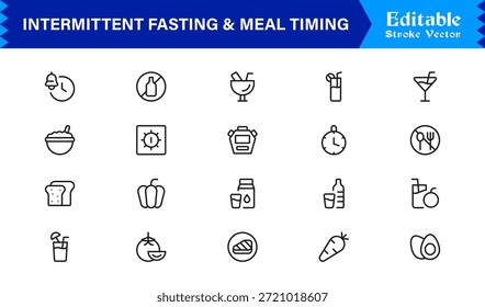 Ayuno intermitente y sincronización de comidas: conjunto de iconos de línea Premium con diseño minimalista moderno y símbolos de Vector editables