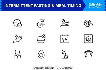 Ayuno intermitente y sincronización de comidas: conjunto de iconos de línea Premium con diseño minimalista moderno y símbolos de Vector editables