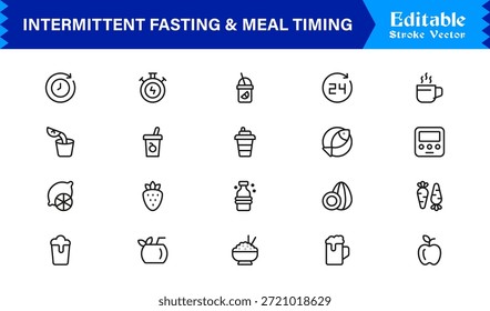 Ayuno intermitente y sincronización de comidas: conjunto de iconos de línea Premium con diseño minimalista moderno y símbolos de Vector editables