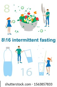 Intermittent fasting method of losing weight and recovery. Scheme 8/16, eight-hour food window. Small people eating big salad and drinking water. Vector flat illustration