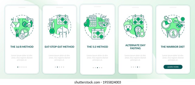 Intermittent fasting methods green onboarding mobile app page screen with concepts. 16-8 or 5-2 method. Diet walkthrough 5 steps graphic instructions. UI vector template with RGB color illustrations